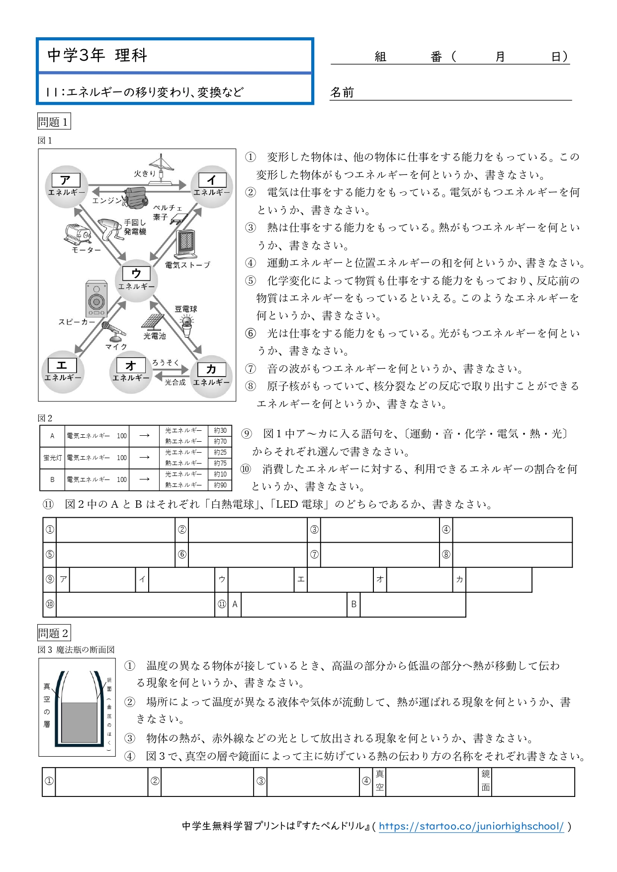 中3理科「エネルギーの移り変わり」学習プリント無料ダウンロード・印刷